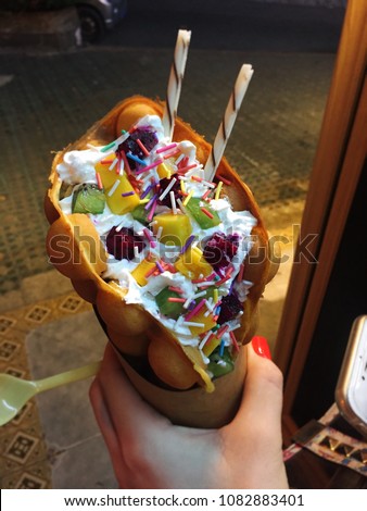 Famous Hong Kong Waffle In The Cafe Close Up Forrest Fruit Famous Hong Kong Waffle In The Cafe Close Up Forrest Fruit