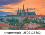 Famous iconic image of Prague city skyline with Prague Castle in Czech Republic