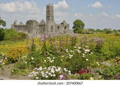 famous irish landmark oil painting, quin abbey, county clare, ireland