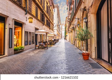 Famous Italian street Via Borgogna with shops and restaurants, Rome, no people