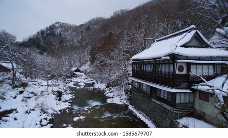 Famous Japanese Onsen Of Gunma In Snow. It Is Takaragawa Onsen.