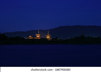 Famous Japanese pagoda at Yakushi-ji Temple in Nara light up at night