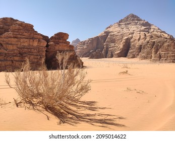 The famous Jordanian desert Wadi Rum, with its sand, its scorching sun, its poor flora and its mountainous rocks. Total solitude and without indication of orientation, with wind and dead bushes - Shutterstock ID 2095014622