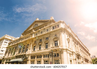 Famous Landmark Of Buenos Aires, Argentina, Theater Colon Teatro On A Sunny Day. Special Sun And Lens Flare Effect