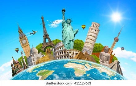 Famous Landmarks Of The World Grouped Together On Planet Earth