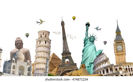 Famous Landmarks Of The World Grouped Together On White Background