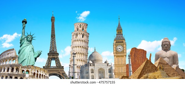 Famous Landmarks Of The World Grouped Together In Front Of Blue Sky