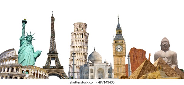 Famous Landmarks Of The World Grouped Together On White Background