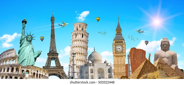 Famous Landmarks Of The World Grouped Together In Front Of Blue Sky