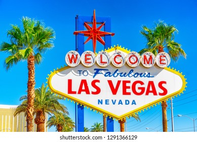 Famous Las Vegas Sign On Bright Sunny Day At The Entrance To The Strip.