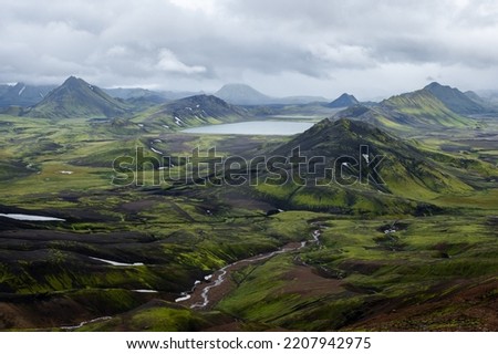 Famous Laugavegur hiking trail. Beautiful landscapes of Alftavatn in cloudy weather in the Fjallabak Nature Reserve in the Highlands of Iceland. Iceland in august.