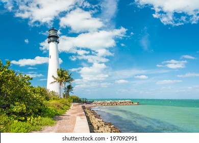 Famous lighthouse at Cape Florida in the south end of Key Biscayne , Miami