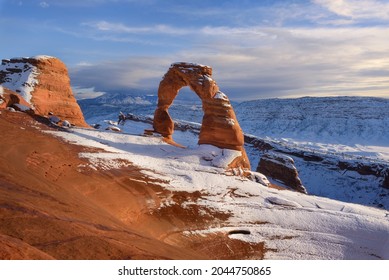Famous Location Delicate Arch with snow in winter season, Arches National Park, Moab, Utah. - Shutterstock ID 2044750865
