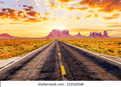 Famous Long Road In Front Of Monument Valley, USA