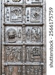 Famous Magdeburg gates. Bronze temple gates located on the wall of St. Sophia Cathedral in Novgorod, Russia. Snatched by Novgorodians from Swedish town of SIgtuna in 1187