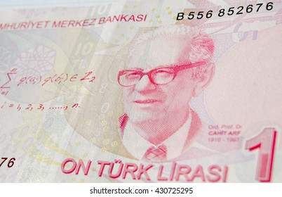 Famous Mathematician Professor Dr Cahit Arf On A Ten Lira Banknote In Circulation In Turkey.  He Is Famous For Work Leading To Knot Theory And Surgery Theory.  Used Banknote, Photographed At An Angle.