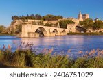 Famous medieval Saint Benezet bridge and Palace of the Popes during gold hour, Avignon, France