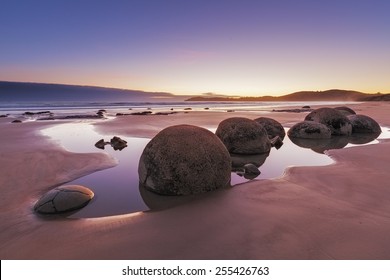 Famous Moeraki Boulders at sunrise, Koekohe beach,Otago, South Island, New Zealand