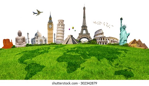 Famous monuments of the world aligned on green grass - Shutterstock ID 302342879