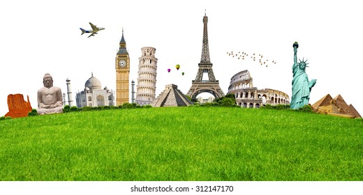 Famous monuments of the world aligned on green grass - Shutterstock ID 312147170