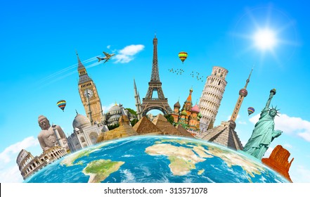 Famous monuments of the world grouped together on planet Earth