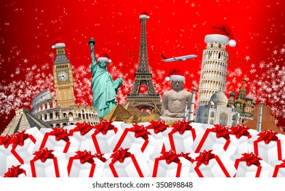 Famous monuments of the world grouped together celebrating christmas
