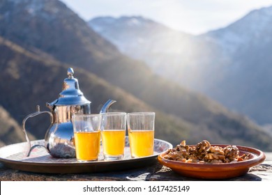 Famous Moroccan mint tea and silver kettle in High Atlas mountains, Aroumd