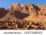 Famous Mount Sinai (Mount Horeb, Gabal Musa). Winter morning view. Sacred christian place in Egypt, pilgrimage place and famous touristic destination. Sinai Peninsula of Egypt.