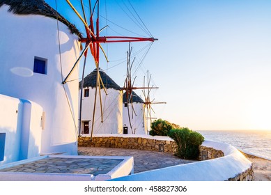 Famous Mykonos Town Windmills In A Romantic Sunset, Mykonos Island, Cyclades, Greece