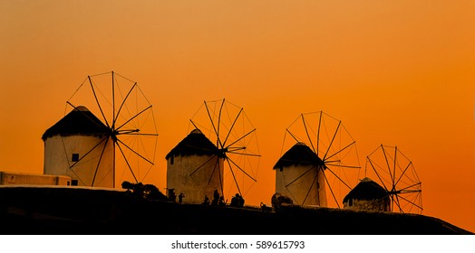 Famous Mykonos Town Windmills In A Sunset, Mykonos Island, Greece