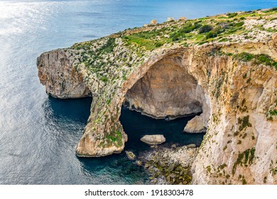 Famous Nature Arch Blue Grotto In Malta Island. Winter Landscape