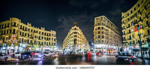 Famous night Talaat Harb Square in downtown Cairo, Egypt