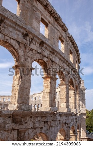 Famous old historic roman amphitheater in the citycenter of Pula, Istria in Croatia. An old coliseum and arena, a populair touristic monument.