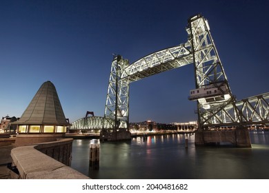 Famous old railroad bridge De Hef in the evening in Rotterdam