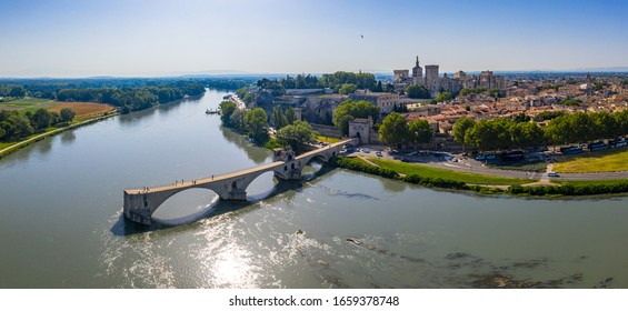 Famous Old Stone Bridge And Rhone River In Avignon, France