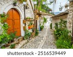 The famous old town of Berat in Albania. Picturesque street with houses from the Ottoman era. Beautiful landscape in central Albania.