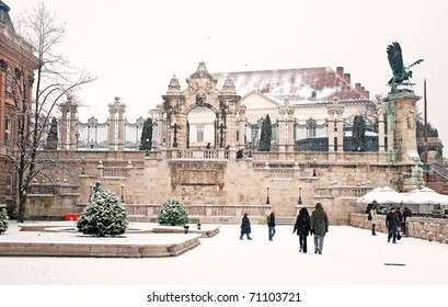 The Famous Palace Of Budapest In Hungary At Winter With Snow