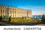 Famous palace Versailles with beautiful gardens outdoors near Paris, France. The Palace Versailles was a royal chateau and was added to the UNESCO list of World Heritage Sites. 