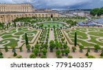 Famous palace Versailles with beautiful gardens and fountains from top. The Palace Versailles was a royal chateau. It was added to the UNESCO list of World Heritage Sites. Paris, France.