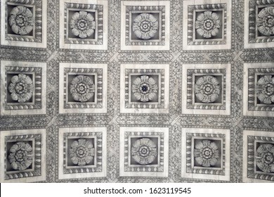 Famous Parisian Monument Arc De Triomphe. The Ceiling With 21 Sculpted Roses. Overhead Decorative Elements Of The Triumphal Arch In Paris, Close Up Detaile View. Historic Building In The City Centre.