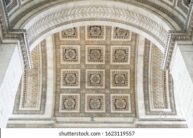 Famous Parisian Monument Arc De Triomphe. The Ceiling With 21 Sculpted Roses. Overhead Decorative Elements Of The Triumphal Arch In Paris, Close Up Detaile View. Historic Building In The City Centre.