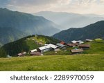 The famous Pokut plateau and its traditional wooden houses. One of the most popular plateaus in Turkey. Eastern Black Sea region. Camlihemsin, Rize city, Turkey country