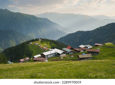 The famous Pokut plateau and its traditional wooden houses. One of the most popular plateaus in Turkey. Eastern Black Sea region. Camlihemsin, Rize city, Turkey country