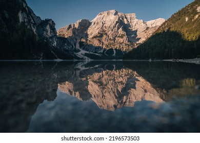 Famous Pragser Wildersee, Lago di Braies, in the morning. Dolimites alpine lake with mountain reflection on it. Dolomiti Unesco. South Tyrol, Italy.