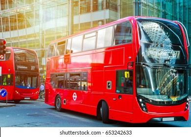 Famous Red Double Decker Bus In A Business District. London, UK