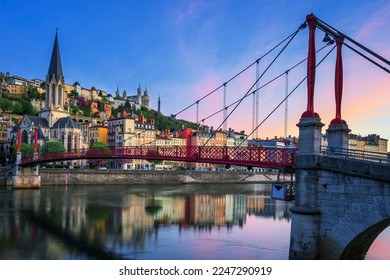 Famous red footbridge in the morning, Lyon, France
