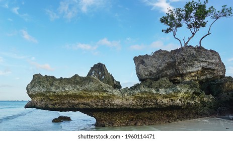 Famous Rock Of Crocodile Shape On Coastline Of Boracay Island In Philippines From Unusual Side. White Beach On Boracay, Recognizable Seascape, Traveling Concept                               