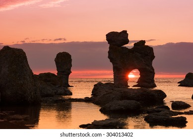 The Famous Rock Kaffeepannan, In English Coffee Pot, On The Island Faroe Noth Of Gotland, Sweden, At Dusk On A Summer Evening.