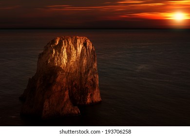 Famous Rocks (Faraglioni) On The Island Of Capri, Sunset 