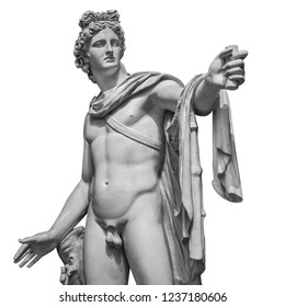 Famous roman greek copy of Apollo di belvedere sculpture isolated on white background.